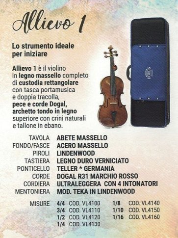 DOMUS MUSICA  VL4100 ALLIEVO 1 VIOLINO DA STUDIO 4/4 CON CUSTODIA  VL-4100